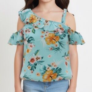 H&M girl Turquoise Floral Off-Shoulder Blouse 11-12 years